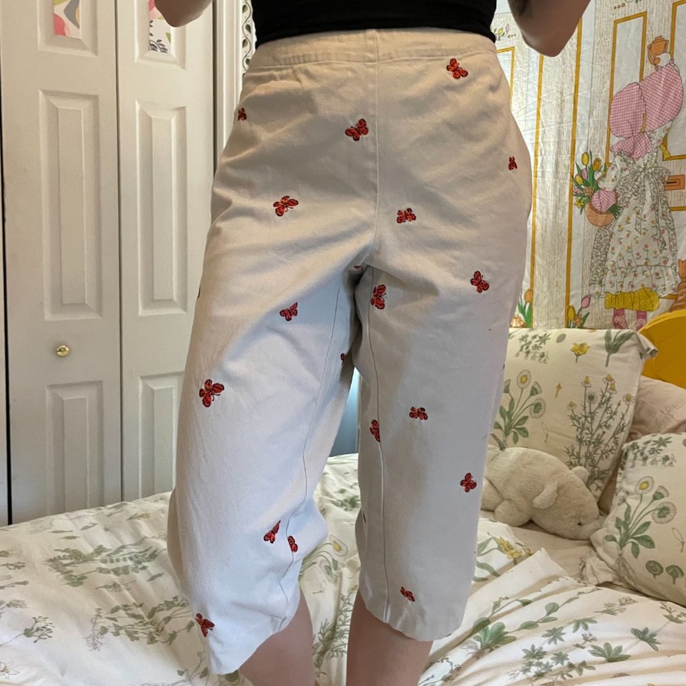 Butterfly Embroidered Khaki Capris